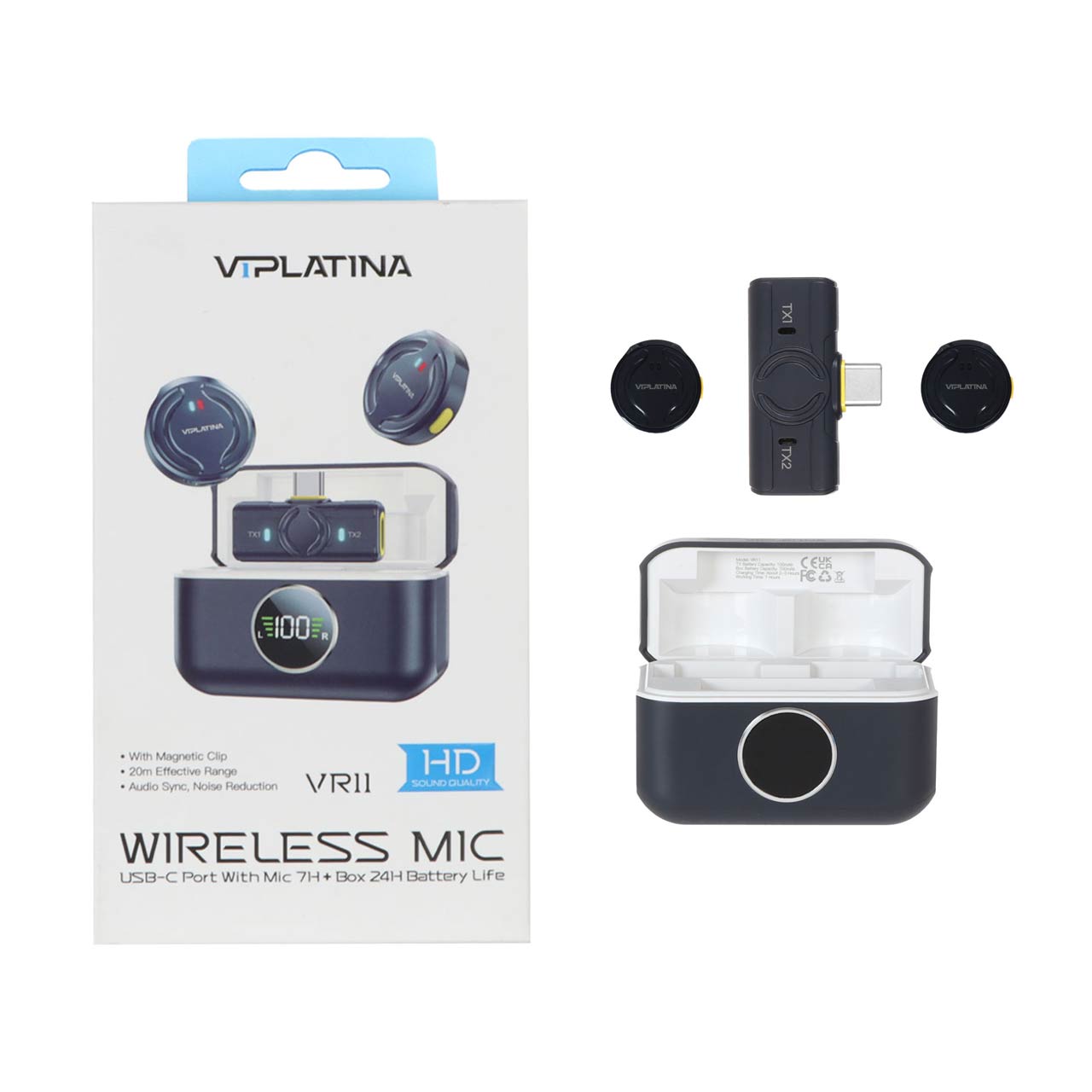میکروفون بی سیم یقه ای با کیس شارژ VIPLATINA Type-C مدل VR11 - مشکی (گارانتی 18 ماه تعویض نیکان همراه)